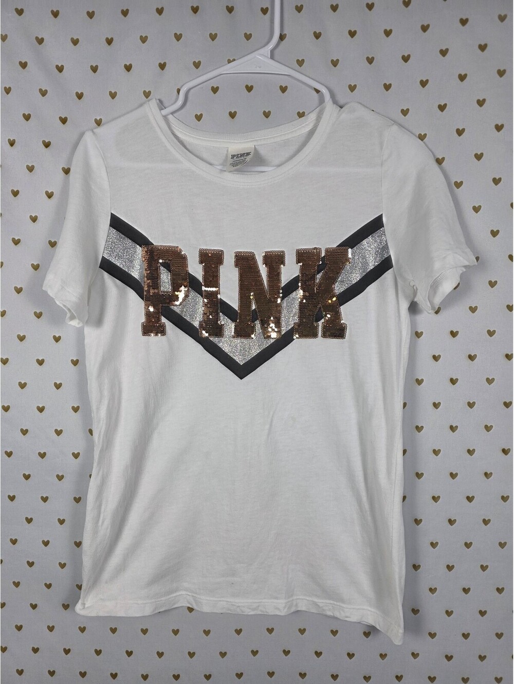 Victorias Secret PINK Small gold Bling Tee shirt White Sequined